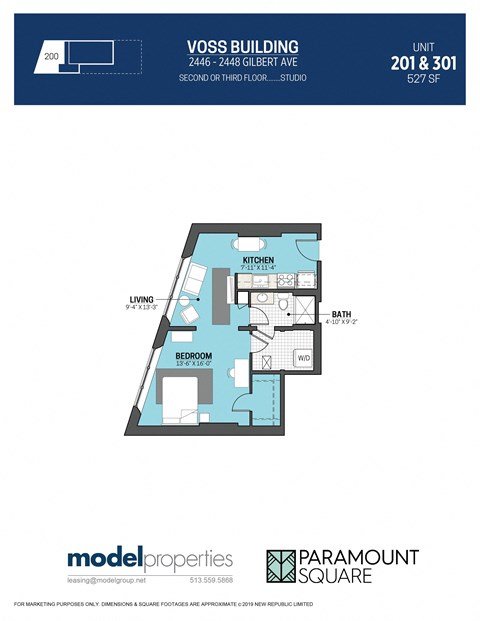 Floor plan for studio, 1 bath, 527 sqft